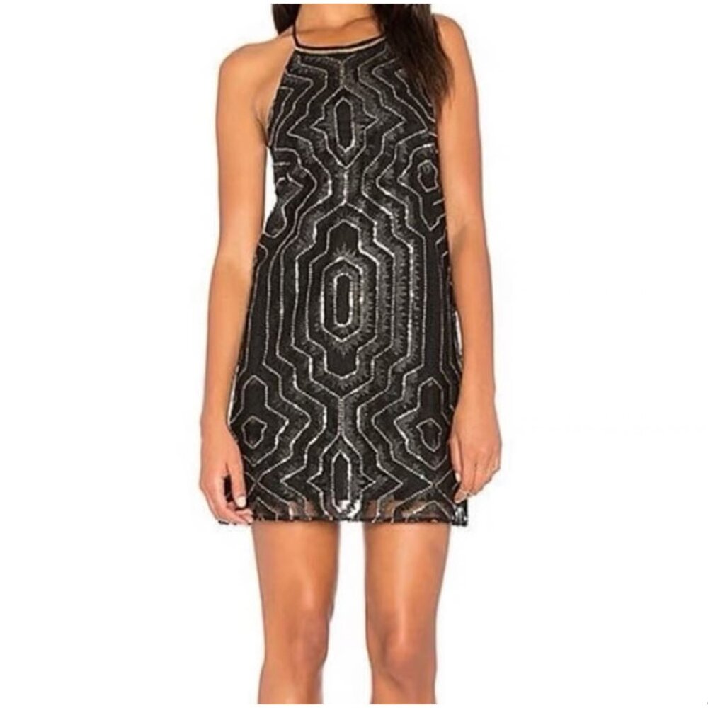 NWT Saylor Cal Womens Medium Sleeveless Mini Dress Black Gold Sequin Beaded